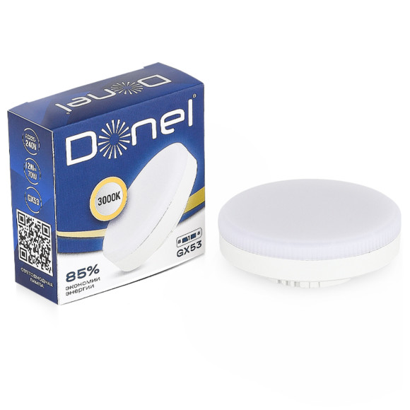 Donel, Светодиодная лампа 12Вт, 220В, GX53, 3000K, 1020Лм, Ra>80, 110°, D75хH26мм, Серия: DN03, DN03007W12GX53 Donel, Светодиодная лампа 12Вт, 220В, GX53, 3000K, 1020Лм, Ra>80, 110°, D75хH26мм, Серия: DN03, DN03007W12GX53