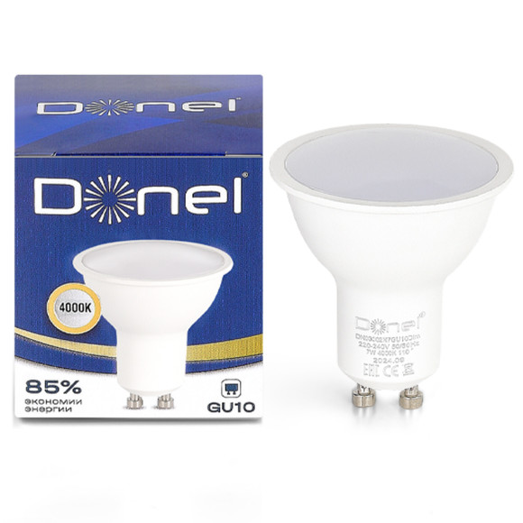 Donel, Светодиодная лампа 7Вт, MR16, 220В, GU10, 4000K, 560Лм, Ra>80, 110°, D50хH55мм, Dim Triac, Серия: DN03, DN03002N7GU10Dim Donel, Светодиодная лампа 7Вт, MR16, 220В, GU10, 4000K, 560Лм, Ra>80, 110°, D50хH55мм, Dim Triac, Серия: DN03, DN03002N7GU10Dim
