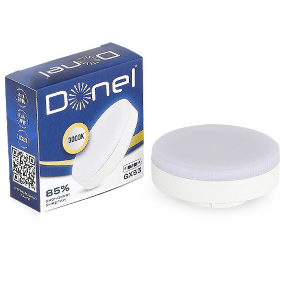 Donel, Светодиодная лампа 9Вт, 220В, GX53, 3000K, 765Лм, Ra>80, 110°, D75хH26мм, Dim Triac, Серия: DN03, DN03007W9GX53Dim