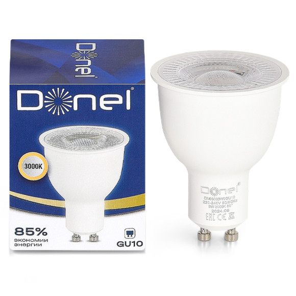Donel, Светодиодная лампа 9Вт, MR16, 220В, GU10, 3000K, 675Лм, Ra>80, 60°, D50хH65мм, Серия: DN03, DN03003W9GU10 Donel, Светодиодная лампа 9Вт, MR16, 220В, GU10, 3000K, 675Лм, Ra>80, 60°, D50хH65мм, Серия: DN03, DN03003W9GU10