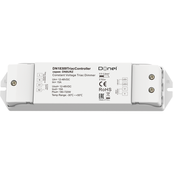 Donel Triac контроллер , напряжение питания 12-48V DC, 1х15А, выходная мощность 1?(180-720)W, Push-Dim,серия:DN8URZ, DN18309TriacController