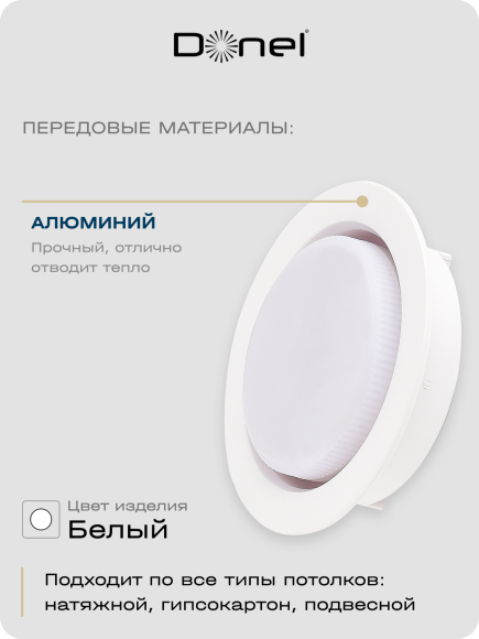 Donel, св-к встроенный, цвет БЕЛЫЙ, D108xH31мм, материал РС, под лампу GX53, IP20, серия: DN04, DN04005R1W