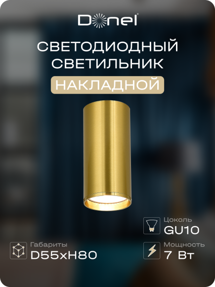Donel, св-к накладной, цвет ЛАТУНЬ, D55xH80мм, под лампу GU10, IP20, серия: DN02, DN02016R1Brass